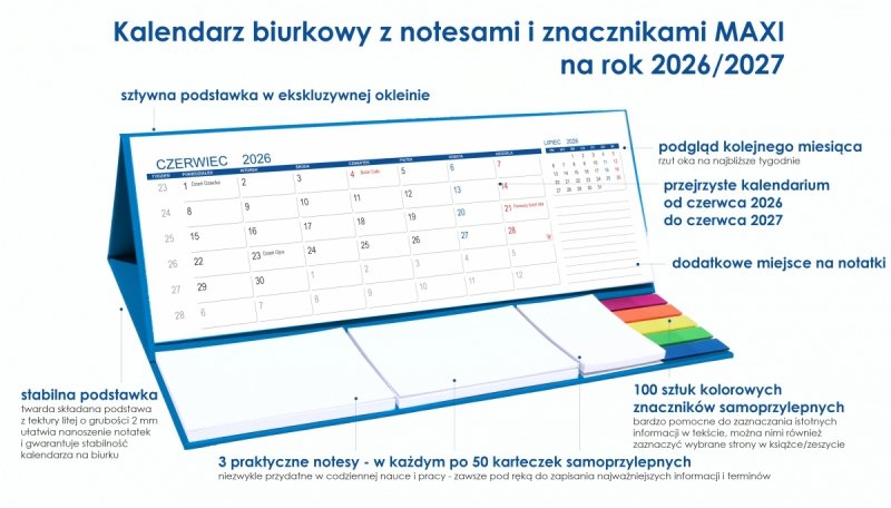opis kalendarza MAXI szkolnego z notesami i znacznikami samoprzylepnymi