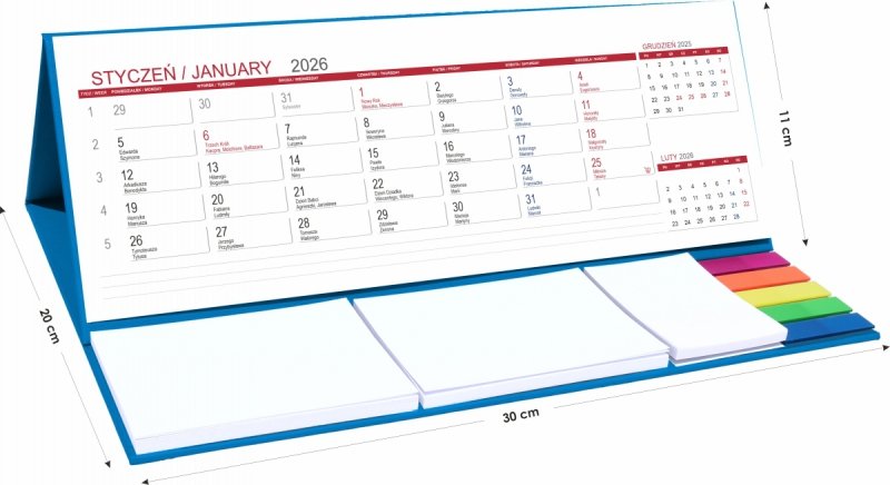Kalendarz biurkowy z notesami i znacznikami samoprzylepnymi MAXI 2026 niebieski