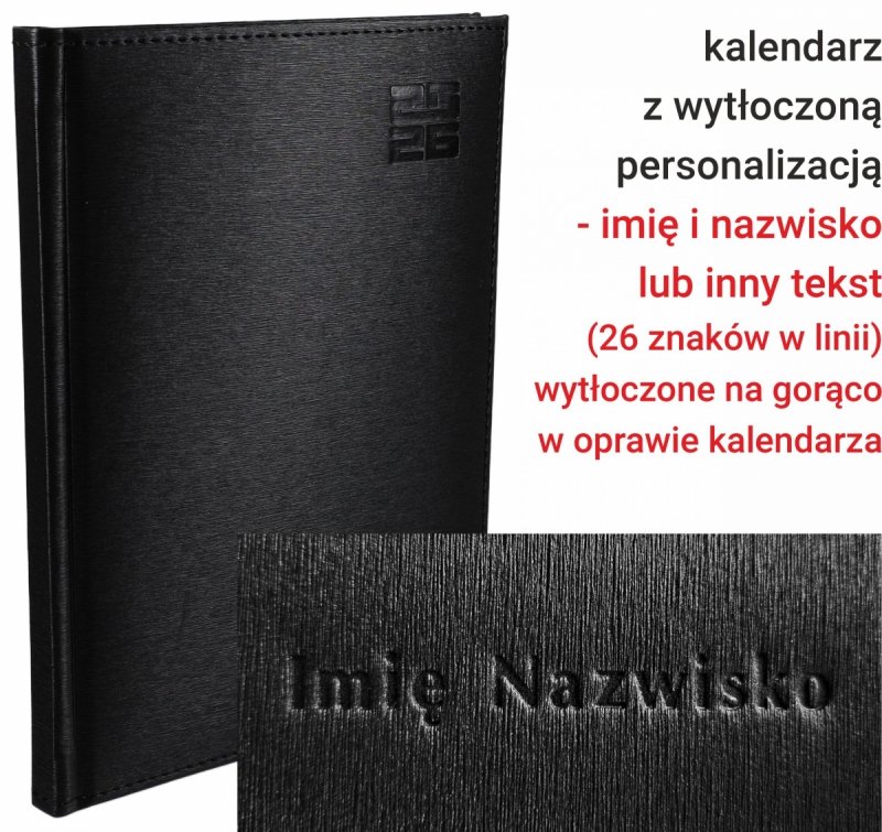 kalendarze książkowe w okładce podobnej do szczotkowanego aluminium z tłoczoną personalizacją na okładce