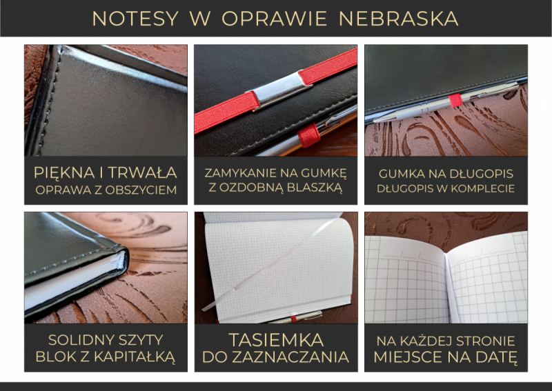 Specyfikacja notesów A4 w oprawie Nebraska z gumką i długopisem w komplecie