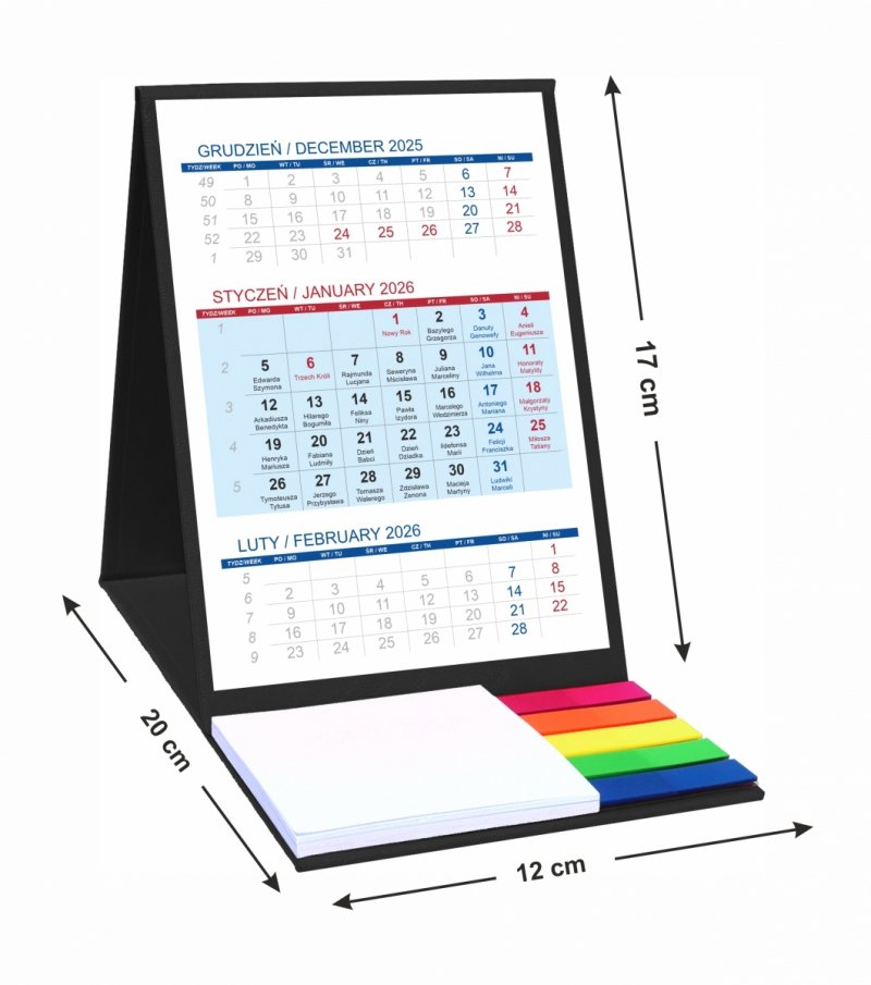 Kalendarz biurkowy z notesem i znacznikami TOP 3-miesięczny 2026 czarny