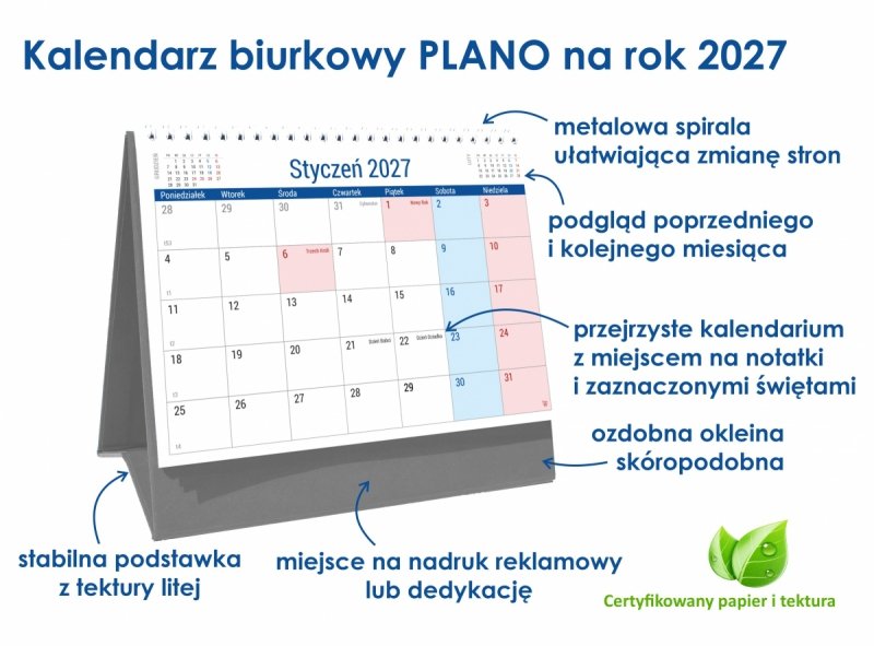 kalendarz biurkowy na rok 2027 z miejscem na notatki