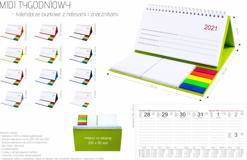 Kalendarz biurkowy z notesami i znacznikami MIDI TYGODNIOWY 2021 - wymiary i kolory
