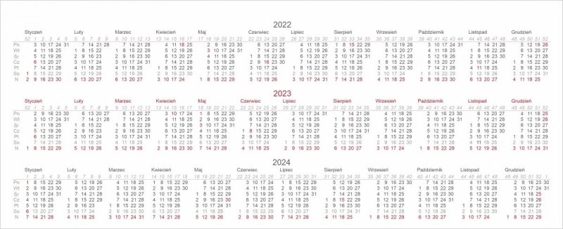Skrócone kalendarium lat 2022, 2023, 2024 w kalendarzu biurkowym