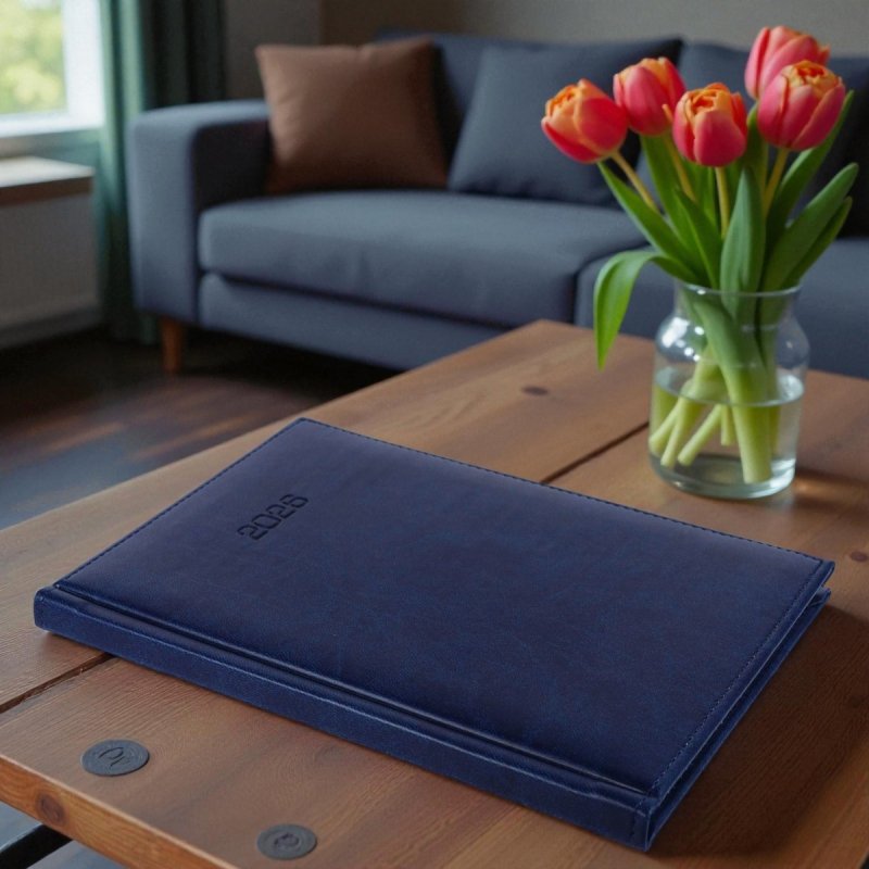 Kalendarz książkowy 2026 A4 TYGODNIOWY Z NOTESEM papier biały drukowane registry oprawa VIVELLA EXCLUSIVE granatowa