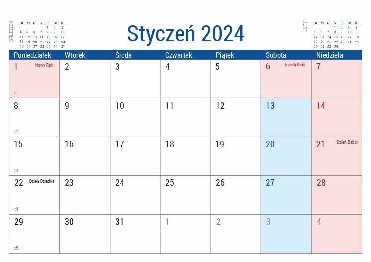Kalendarz biurkowy PLANO dla uczniów i nauczycieli kartka z kalendarium - styczeń 2024