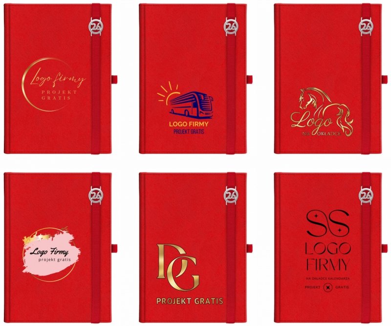 Kalendarz książkowy 2026 A4 dzienny papier chamois wycinane registry oprawa z zamykaniem na gumkę i mocowaniem na długopis ROSSA VIU czerwona Z NADRUKIEM LOGO