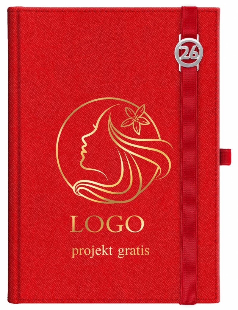Kalendarz książkowy 2026 A4 dzienny papier chamois wycinane registry oprawa z zamykaniem na gumkę i mocowaniem na długopis ROSSA VIU czerwona Z NADRUKIEM LOGO
