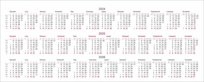 Skrócone kalendarium na rok 2024, 2025, 2026 do kalendarza biurkowego