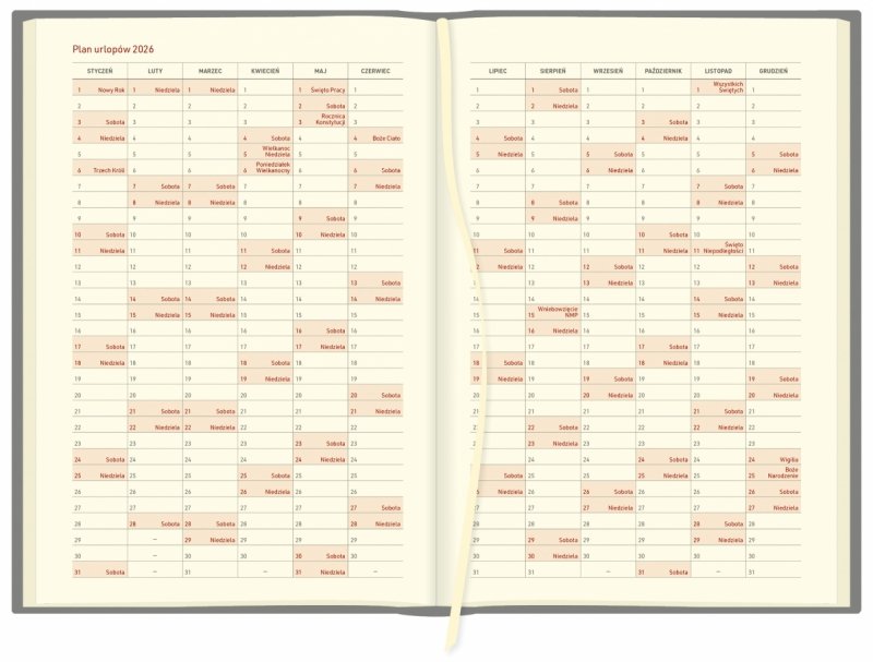 kalendarz książkowy A5 z planem urlopów na rok 2026 