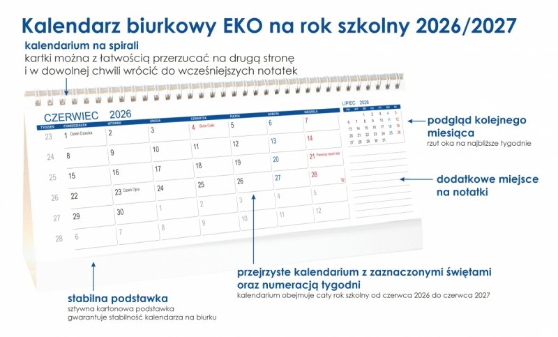 opis kalendarza biurkowego miesięcznego na rok szkolny 2026/27