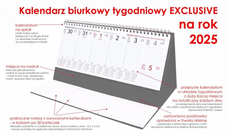 Kalendarz biurkowy stojący na podstawce - kalendarium tygodniowe na rok 2025