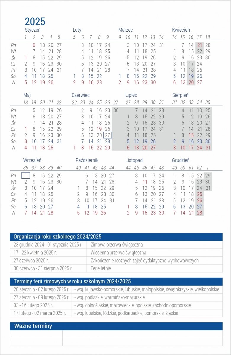 skrócone kalendarium szkolne na rok 2025