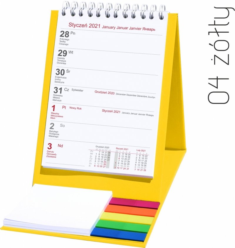 Kalendarz biurkowy z notesem i znacznikami TOP tygodniowy 2021 żółty