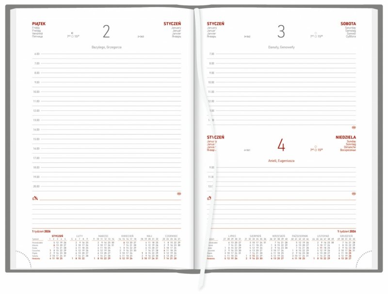 układ dzienny kalendarza B5 z perforacją narożną