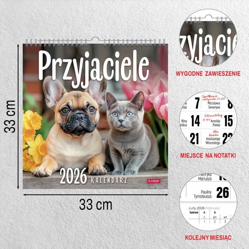Kalendarz ścienny wieloplanszowy 33x33 cm PRZYJACIELE 2026