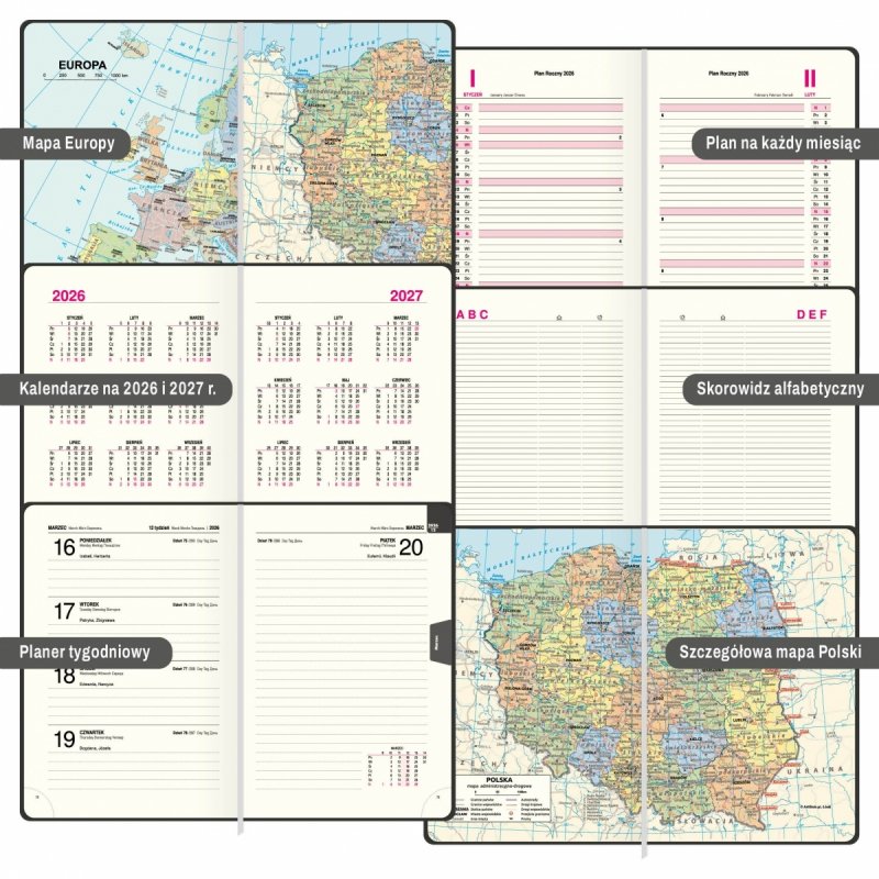 kalendarz książkowy A5 z planem urlopów na rok 2026, mapa Polski, mapa Europy