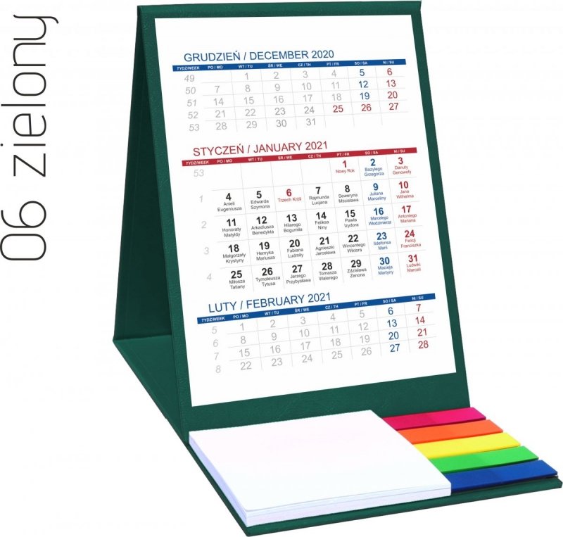 Kalendarz biurkowy z notesem i znacznikami TOP 3-miesięczny 2021 zielony