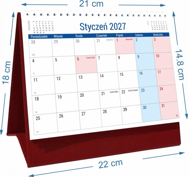 Wymiary kalendarza biurkowego PLANO na rok 2027
