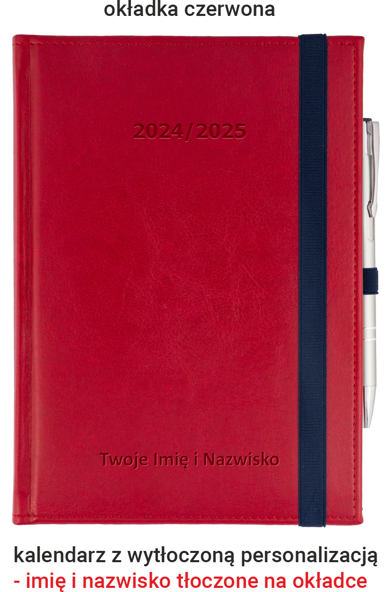 Kalendarz z tłoczoną personalizacją zamykany na gumkę czerwony