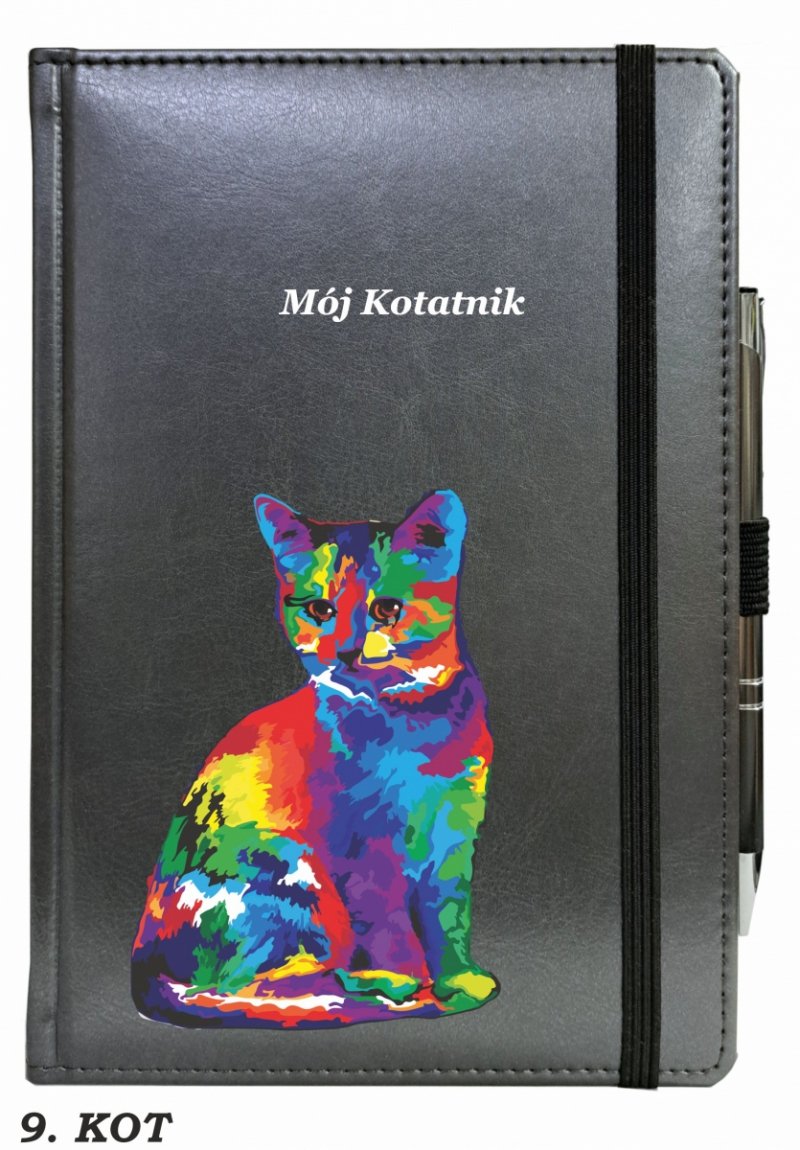 notes zamykany na gumkę z długopisem z grafiką na okładce