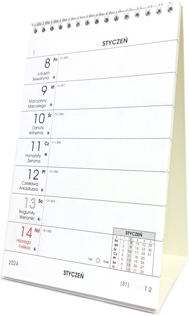 Kalendarz biurkowy pionowy stojący tygodniowy 2024 - kalendarium