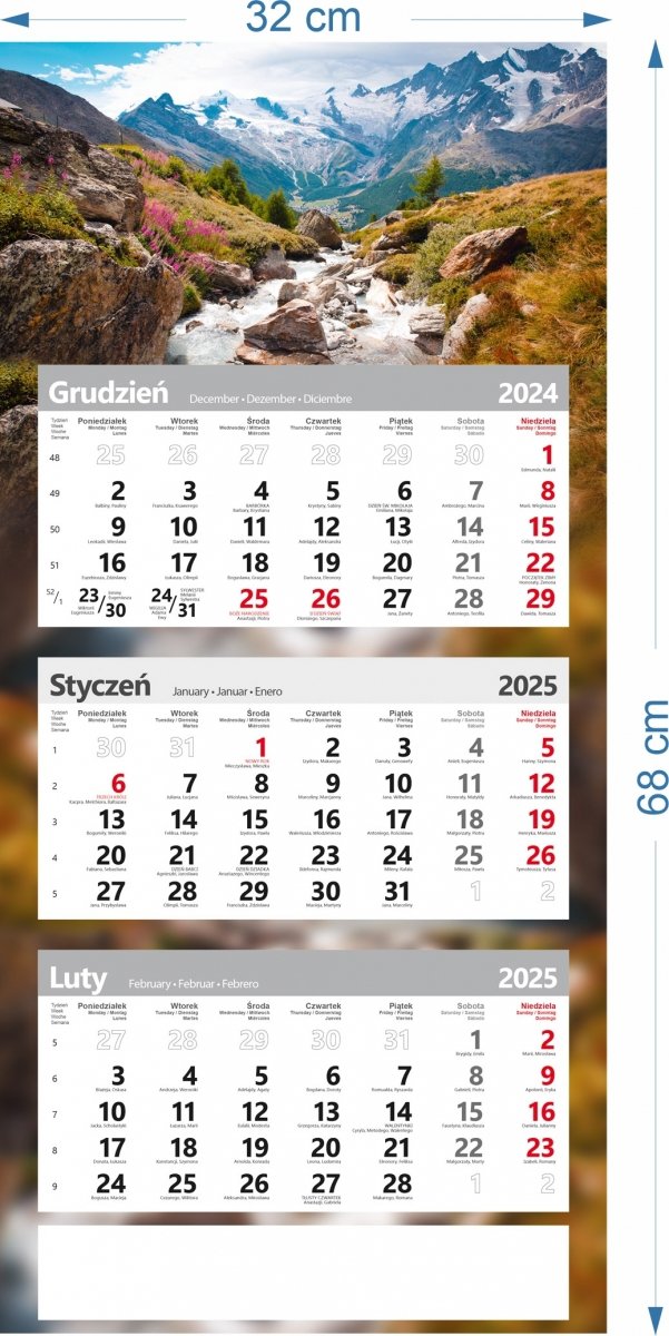 wymiary kalendarza poster na rok 2025