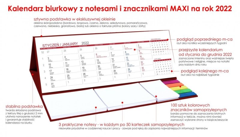 Kalendarz biurkowy z notesami i znacznikami MAXI 2022 bordowy