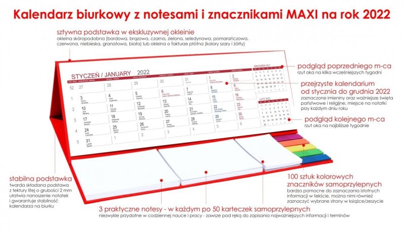 Kalendarz biurkowy z notesami i znacznikami MAXI 2022 czerwony