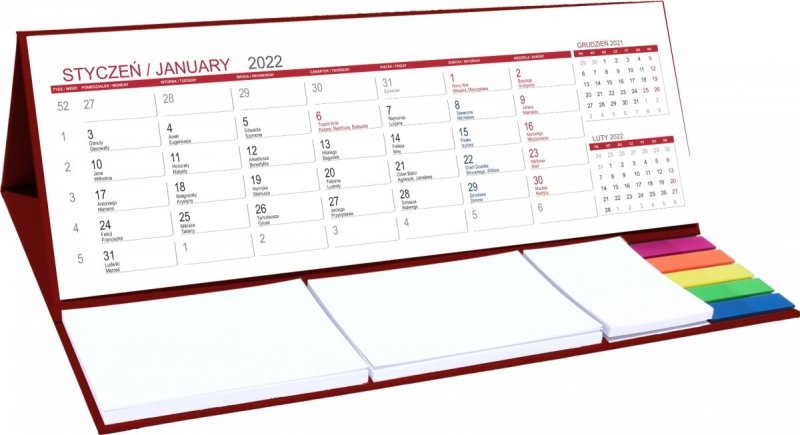 Kalendarz biurkowy z notesami i znacznikami MAXI 2022 bordowy