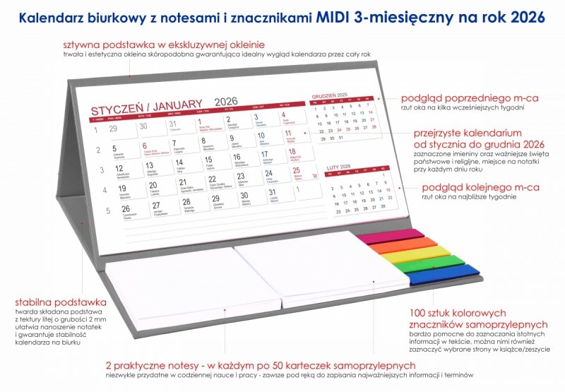 opis kalendarza MIDI 3-miesięczny na rok 2026 z notesami i znacznikami