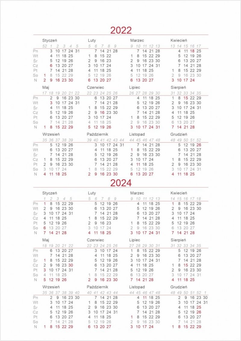 Kalendarium do kalendarza na biurko top tygodniowego na rok 2023 - skrócone kalendarium 2022, 2024