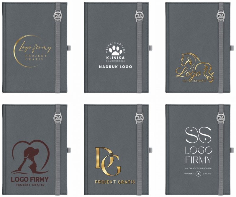 Kalendarz książkowy 2026 A5 dzienny papier chamois wycinane registry oprawa z zamykaniem na gumkę i mocowaniem na długopis ROSSA VIU szara  Z NADRUKIEM LOGO