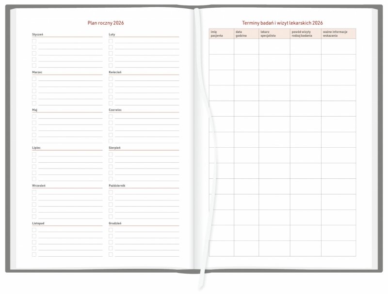 kalendarz z planem roku 2026 oraz z terminami badań i wizyt lekarskich