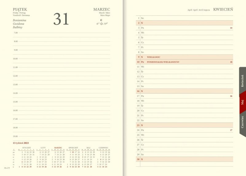 Kalendarium do kalendarza książkowego 2023 w układzie dziennym z wycinanymi registrami