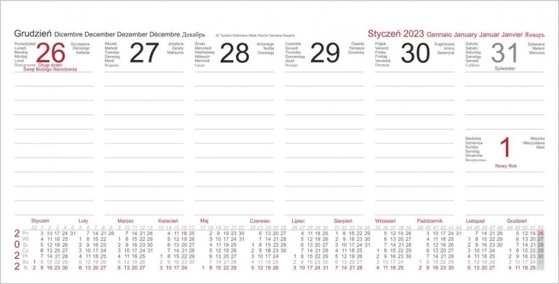 Kalendarz biurkowy z notesami i znacznikami MIDI TYGODNIOWY 2022 czerwony
