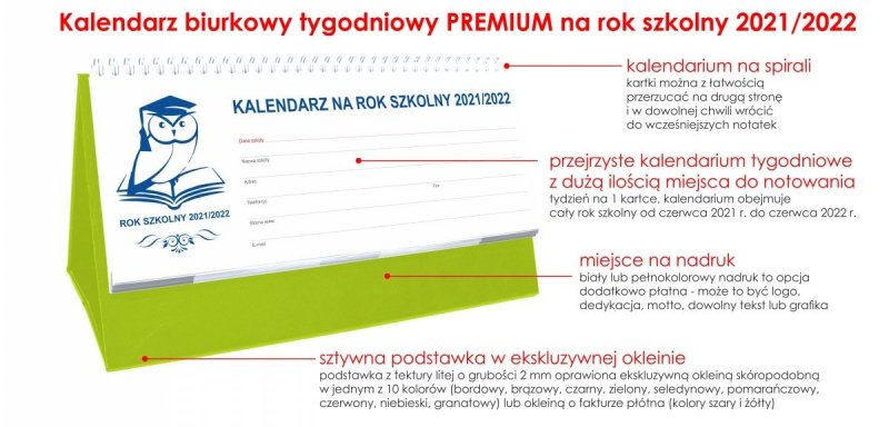 Kalendarz biurkowy tygodniowy na rok szkolny 2021/2022 PREMIUM seledynowy