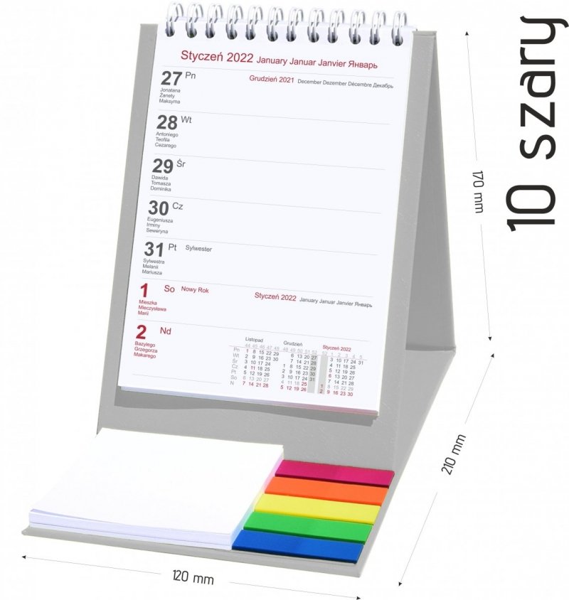 Kalendarz biurkowy z notesem i znacznikami TOP tygodniowy 2022 szary