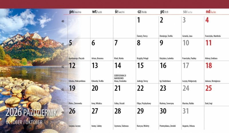 miesięczny kalendarz z różnymi widokami na rok 2026