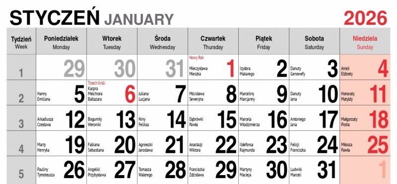 kalendarium do kalendarza trójdzielnego premium - styczeń 2026