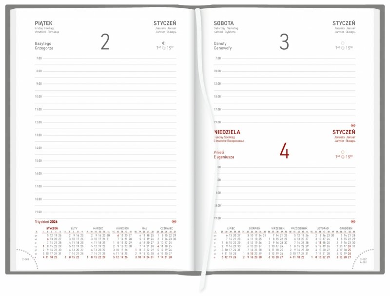 układ dzienny kalendarza A5 z perforacją narożną