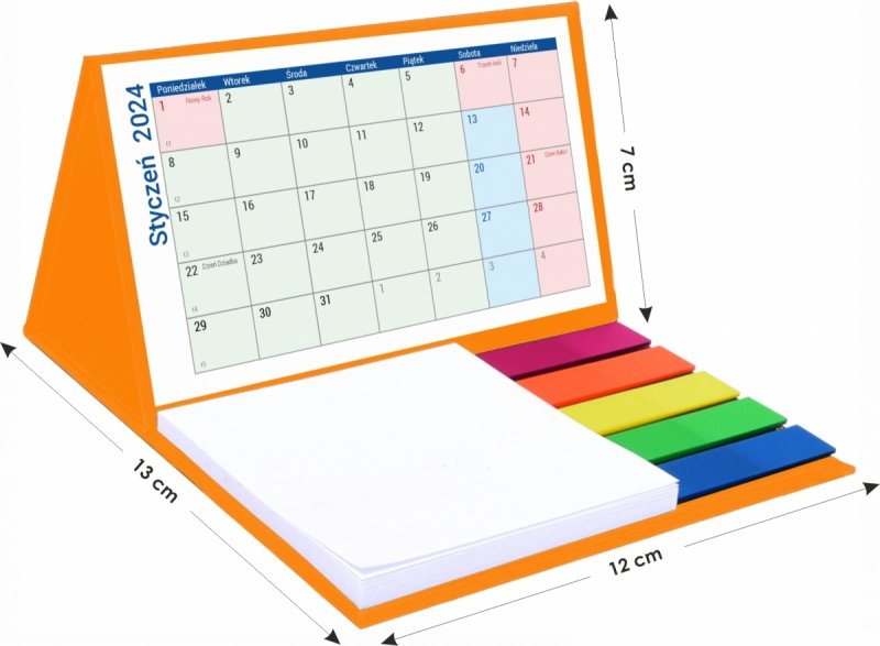 Wymiary kalendarza na biurko na rok 2024
