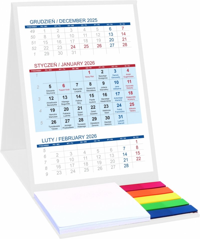 Kalendarz biurkowy z notesem i znacznikami TOP 3-miesięczny 2026 biały