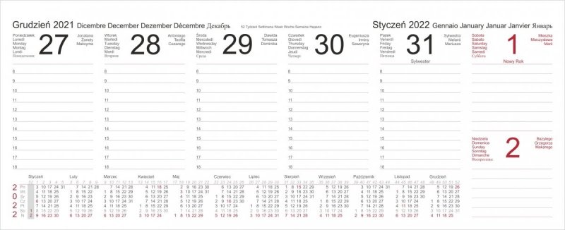 Kalendarz biurkowy TYGODNIOWY Z PIÓRNIKIEM 2022 bordowy