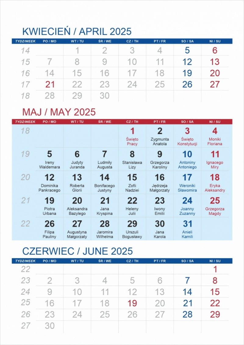 kalendarz biurkowy pionowy 3-misięczny na rok 2025