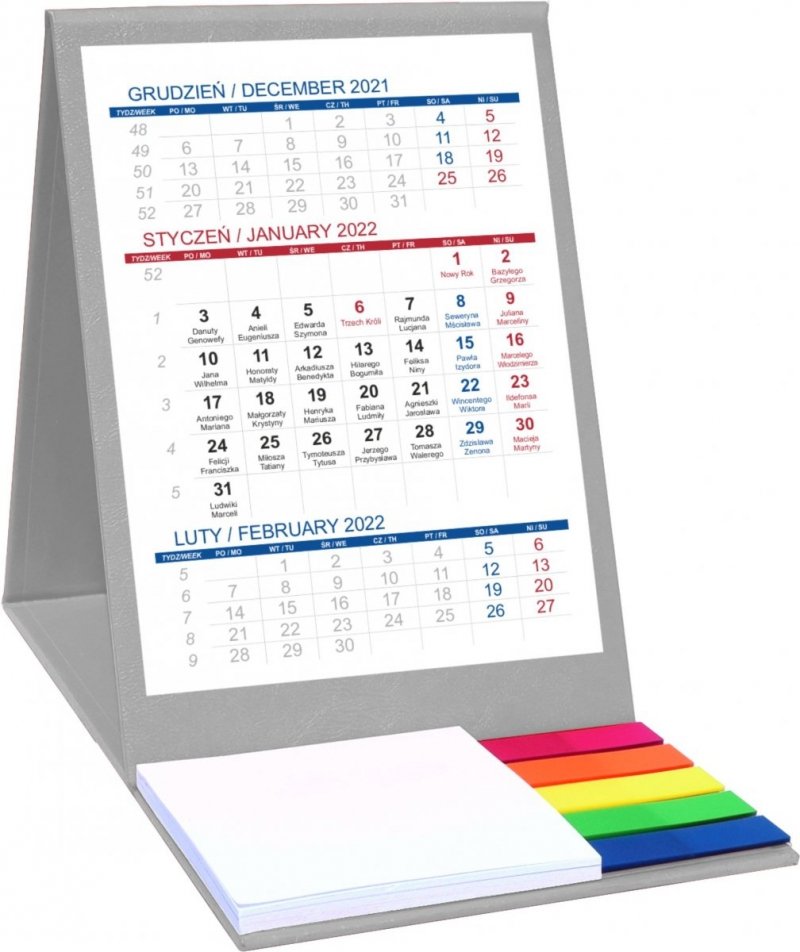 Kalendarz biurkowy z notesem i znacznikami TOP 3-miesięczny 2022 szary