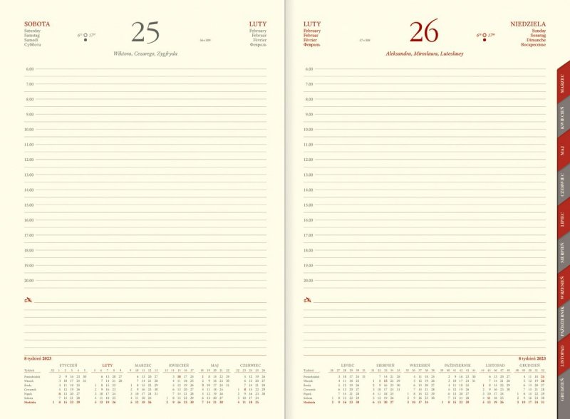 Blok do kalendarza książkowego na rok 2023 w układzie dziennym z wycinanymi registrami 