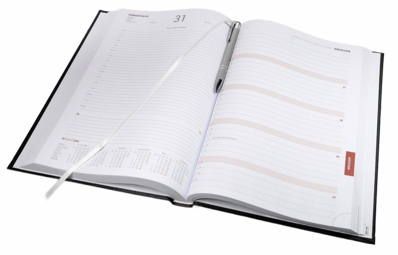 Kalendarz książkowy 2026 A4 dzienny papier biały drukowane registry oprawa ALUMINIUM granatowa Z NADRUKIEM LOGO