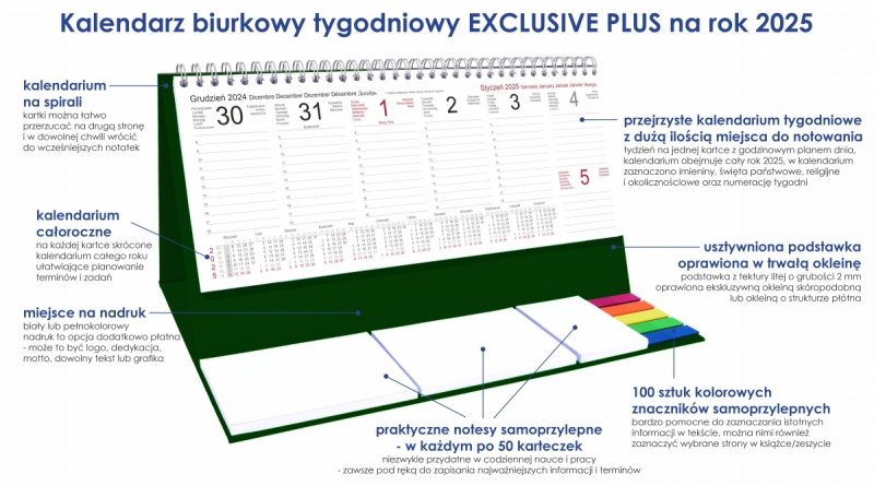 Kalendarz biurkowy stojący na podstawce - kalendarium tygodniowe na rok 2025