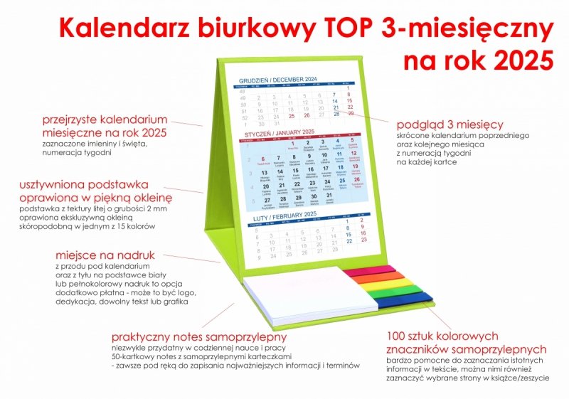 opis kalendarz 3-miesięcznego z notesem i znacznikami